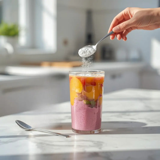 A person mixing collagen powder into a smoothie
