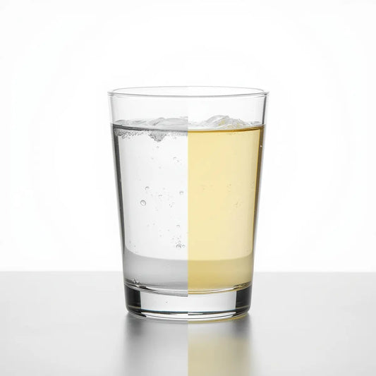 A see through glass, half filled with water, half with a light yellow drink
