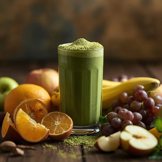 A glass of green smoothie with fruits in the background