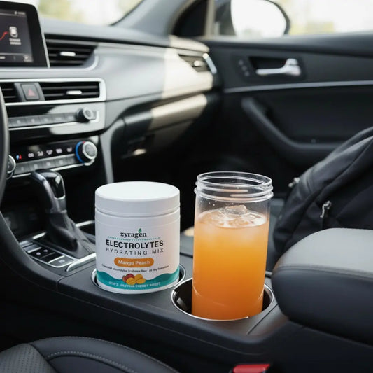 Zyragen Electrolytes Hydration Mix in Mango Peach flavor in a car's cupholder