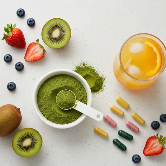 A tub of greens powder with fruit, vitamin capsules and orange juice on a light background