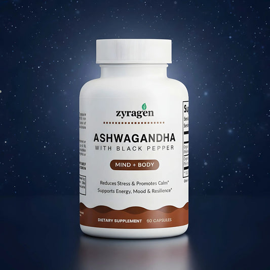 Zyragen Ashwagandha with Black Pepper supplement bottle on a dark blue background