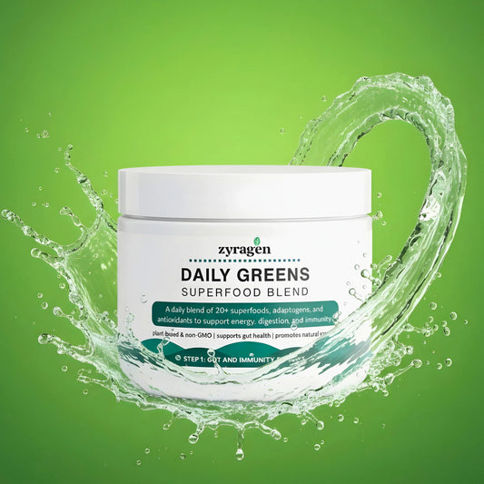 Zyragen Daily Greens Superfood Blend supplement container with water splash on a green background