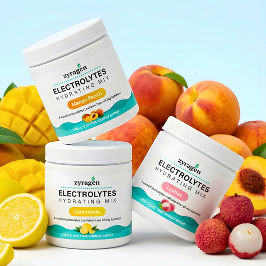 Zyragen Electrolytes Hydrating Mix supplement containers in 3 flavors with mango, peach, lemon, and lychee fruits on a light blue background