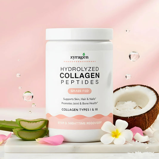 Zyragen Hydrolyzed Collagen Peptides supplement container with coconut, aloe vera, and flowers on a pink background