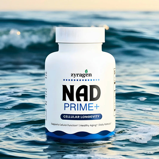 Zyragen NAD Prime Supplement bottle on an ocean waves background