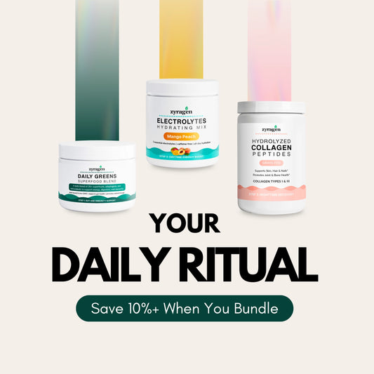 Zyragen Daily Ritual products, Daily Greens Superfood Blend, Electrolytes Hydration Mix, Hydrolyzed Collagen Peptides with promotional text on a white background