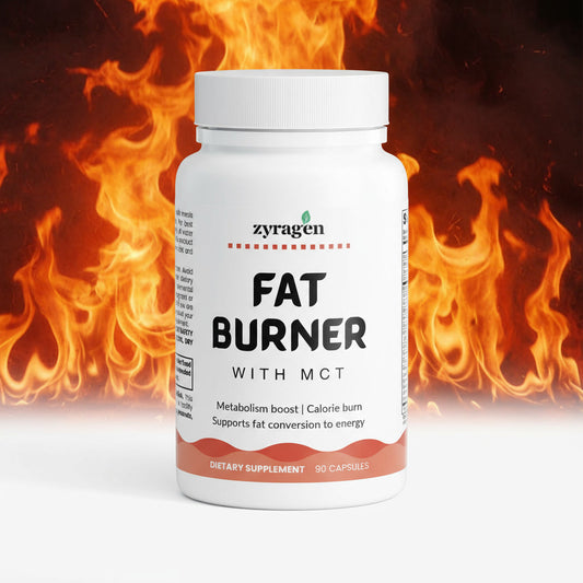 Fat burner supplement bottle with flames in the background