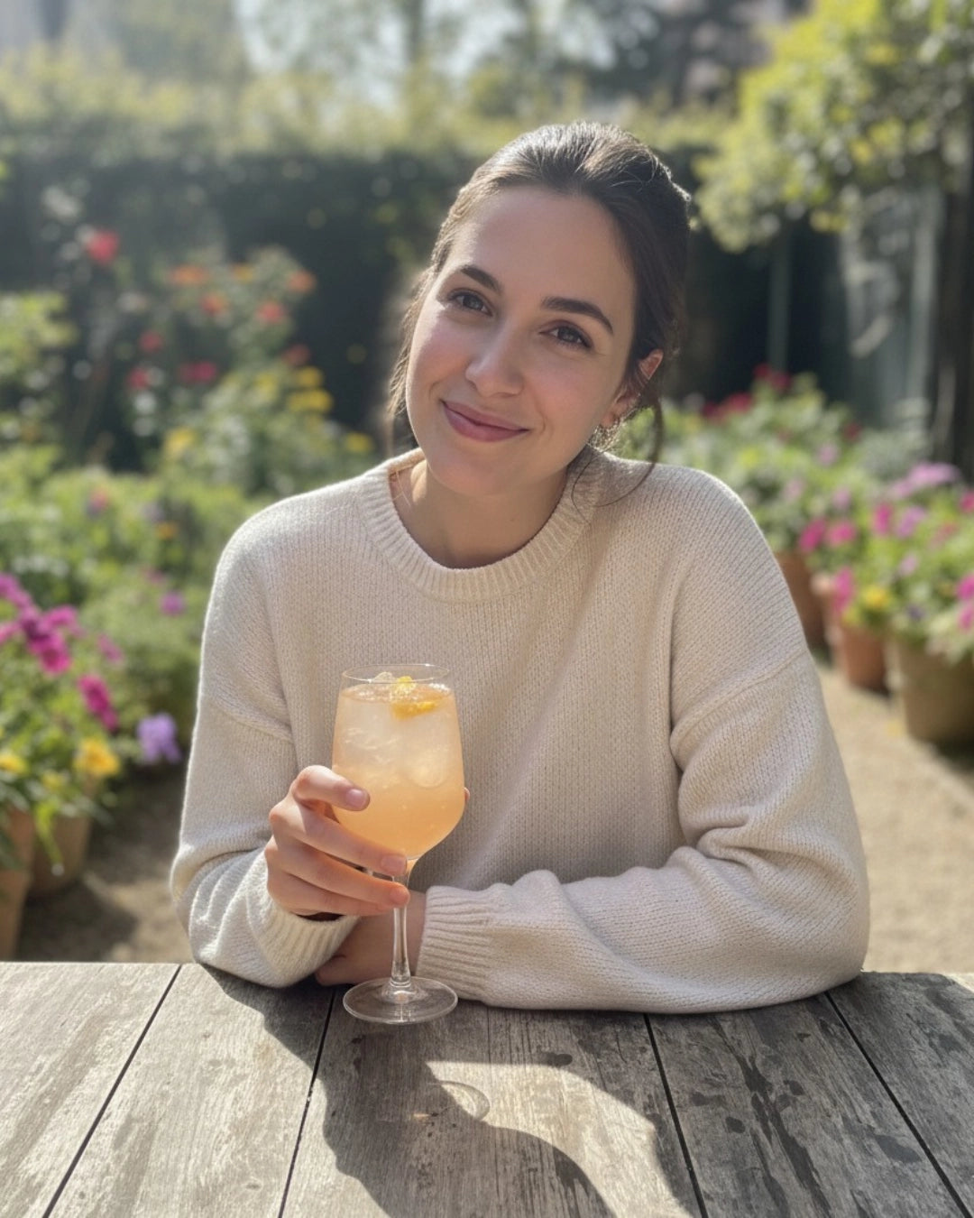 Woman in the garden, drinking a glass of Electrolytes.
