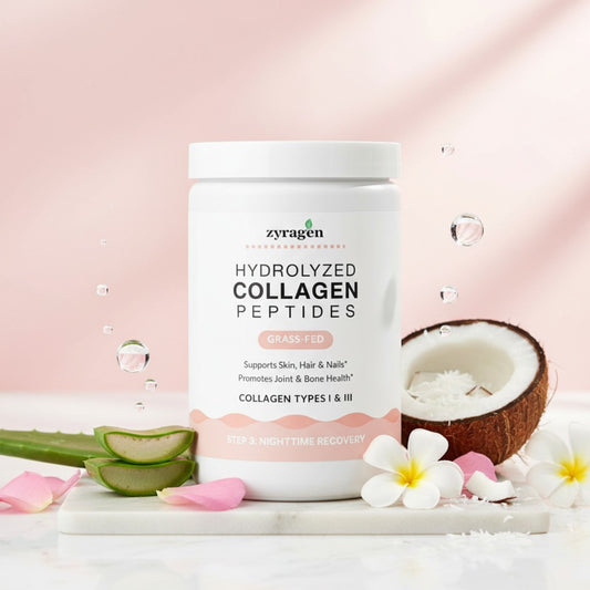 Zyragen hydrolyzed collagen peptides container with coconut, aloe vera, and flowers on a pink background