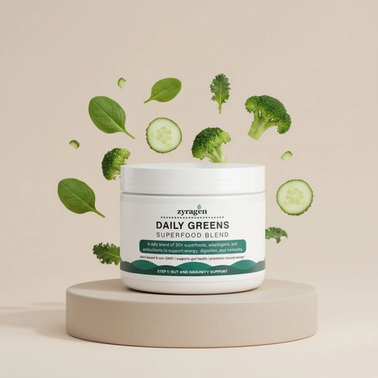 Zyragen Daily Greens Superfood Blend container with green elements on a beige background