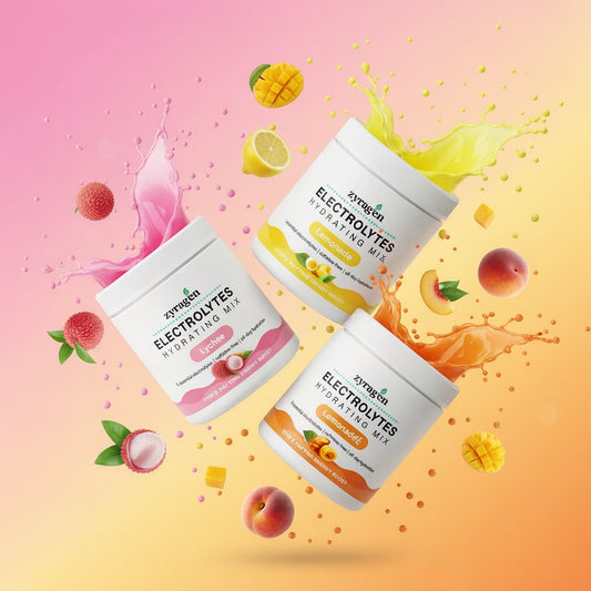Three containers of Zyragen Electrolytes Hydrating Mix in flavors Mango Peach, Lychee and Lemonade on a colorful background with fruit elements.