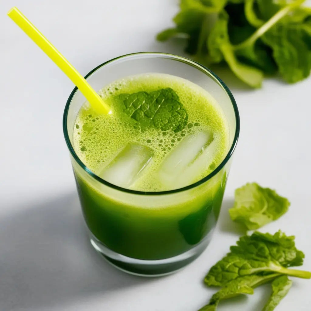 A glass of greens smoothie with a yellow straw