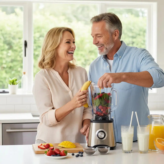 Man and woman in the kitchen, making smoothie together