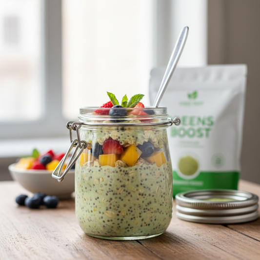 A jar of oats with fruit and Zyragen Daily Greens powder