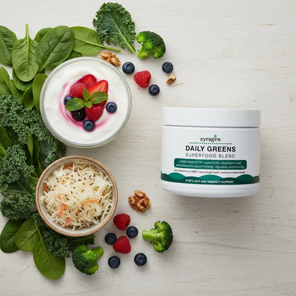 Zyragen Daily Greens supplement tub with a fruit smoothie and vegetables on a light background