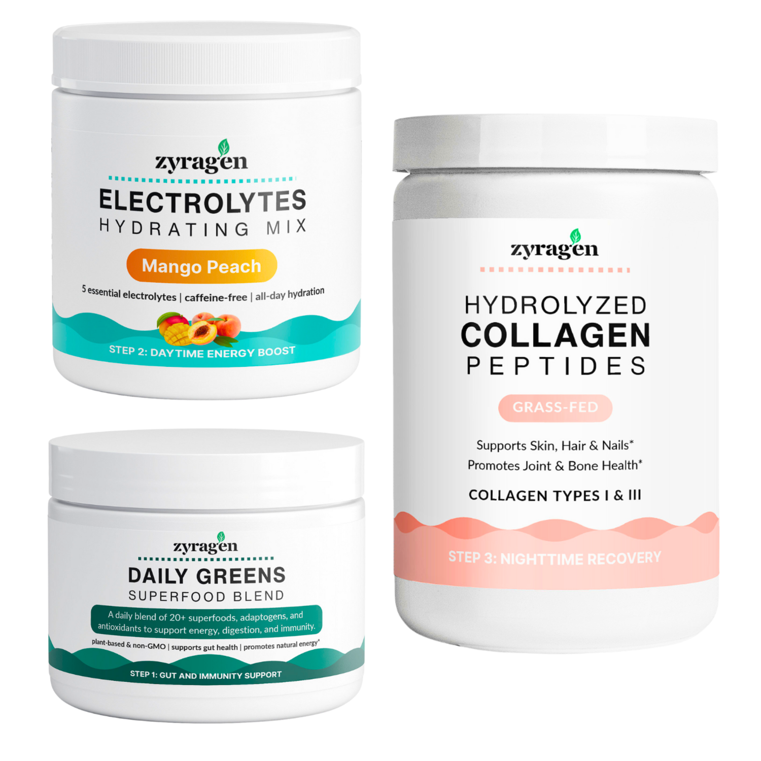 Zyragen Daily Ritual products Daily Greens Superfood Blend, Electrolytes Hydrating Mix and Hydrolyzed Collagen Peptides displayed on a white background