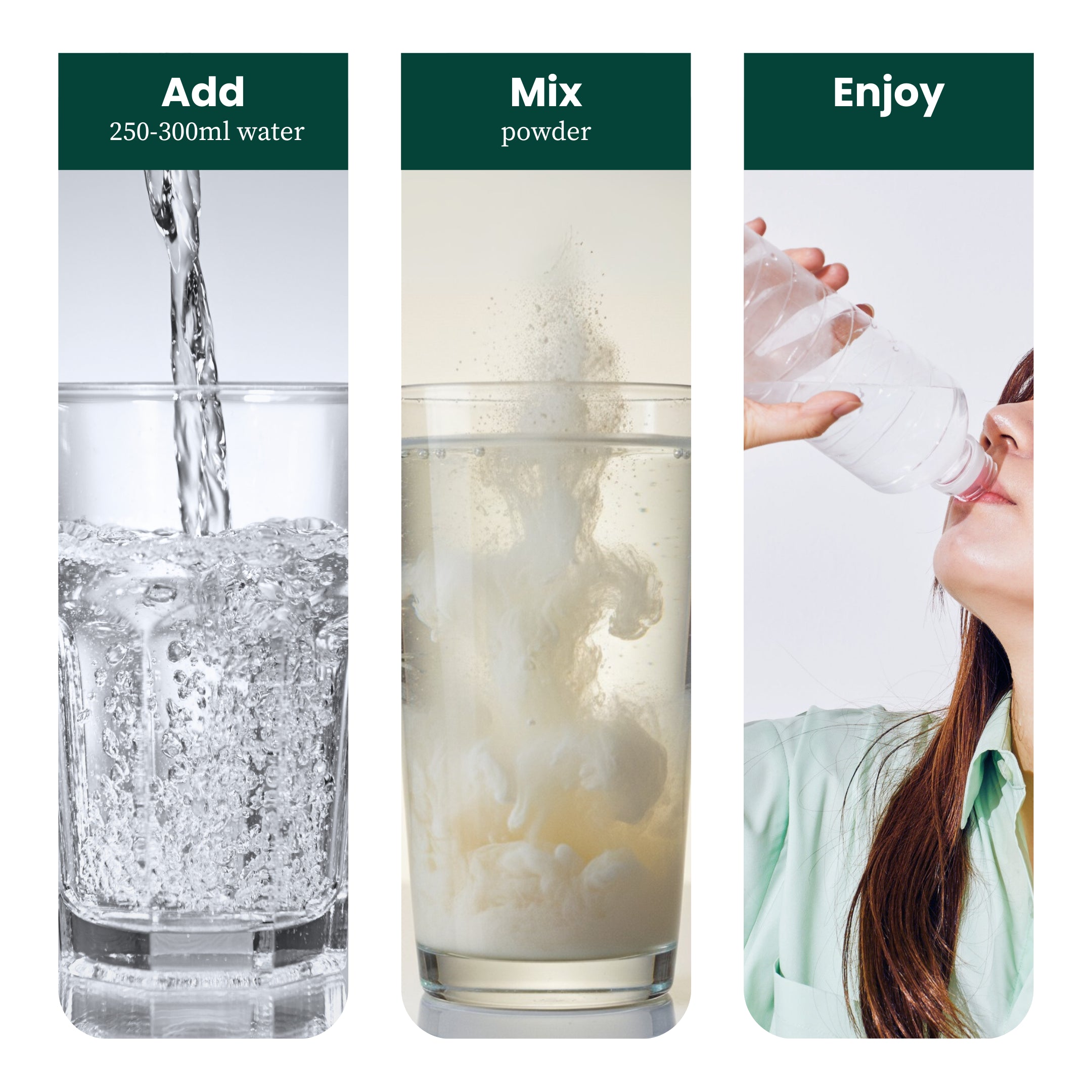 Step-by-step process of making a Zyragen drink with water and powder, shown in three stages.