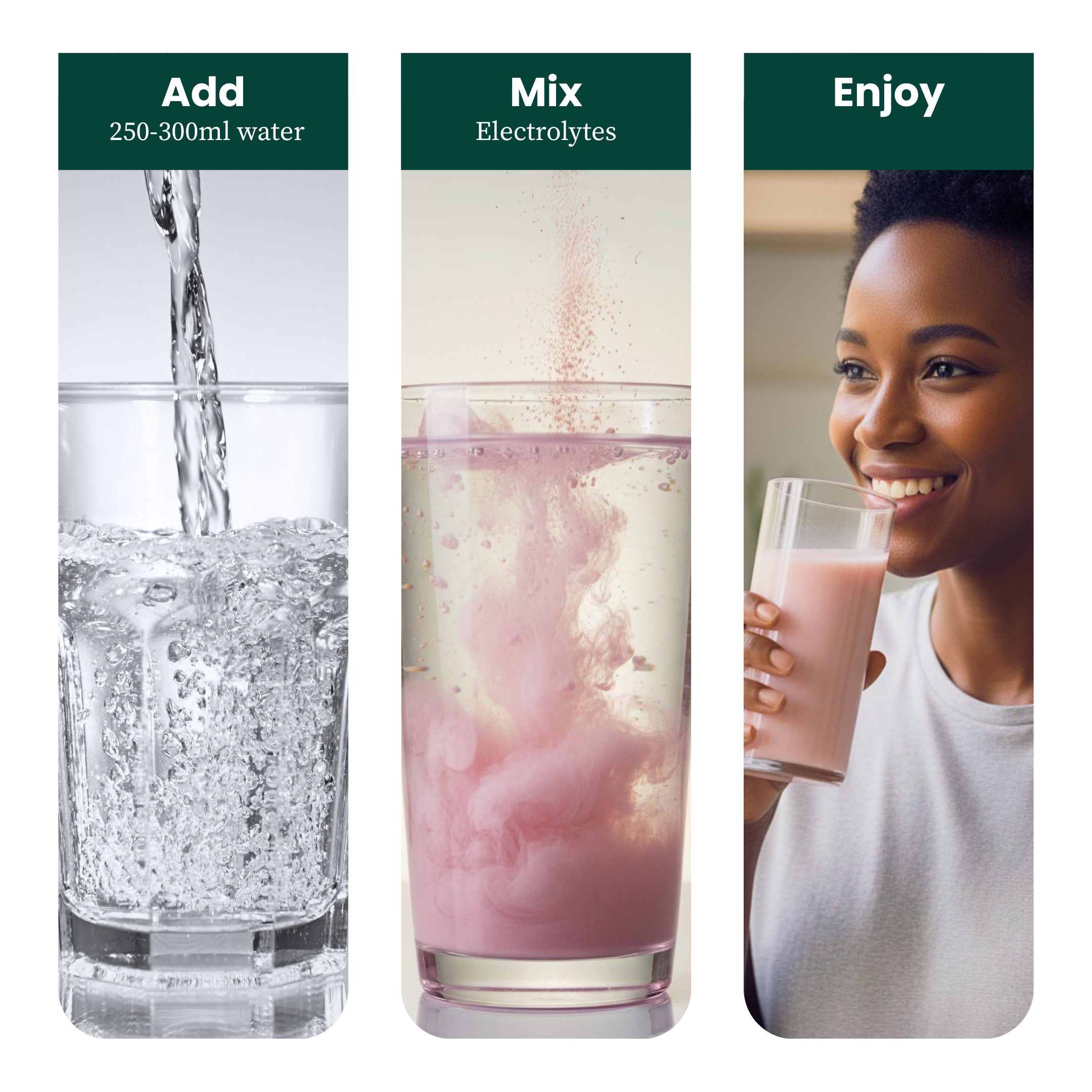 Step-by-step guide on how to prepare and enjoy a Zyragen Electrolytes Hydration Mix drink in Lychee flavor with images of water being added, electrolytes mixed, and a person holding a glass.