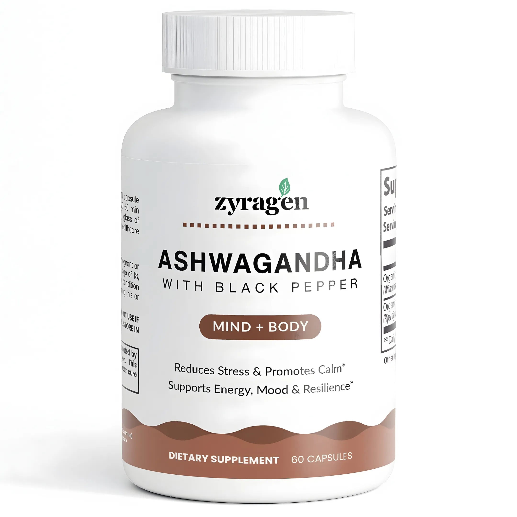 Zyragen Ashwagandha with Black Pepper supplement bottle on a white background