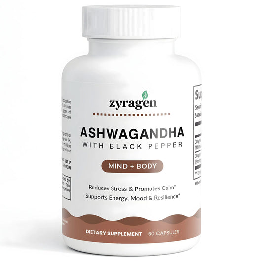 Zyragen Ashwagandha with Black Pepper supplement bottle on a white background