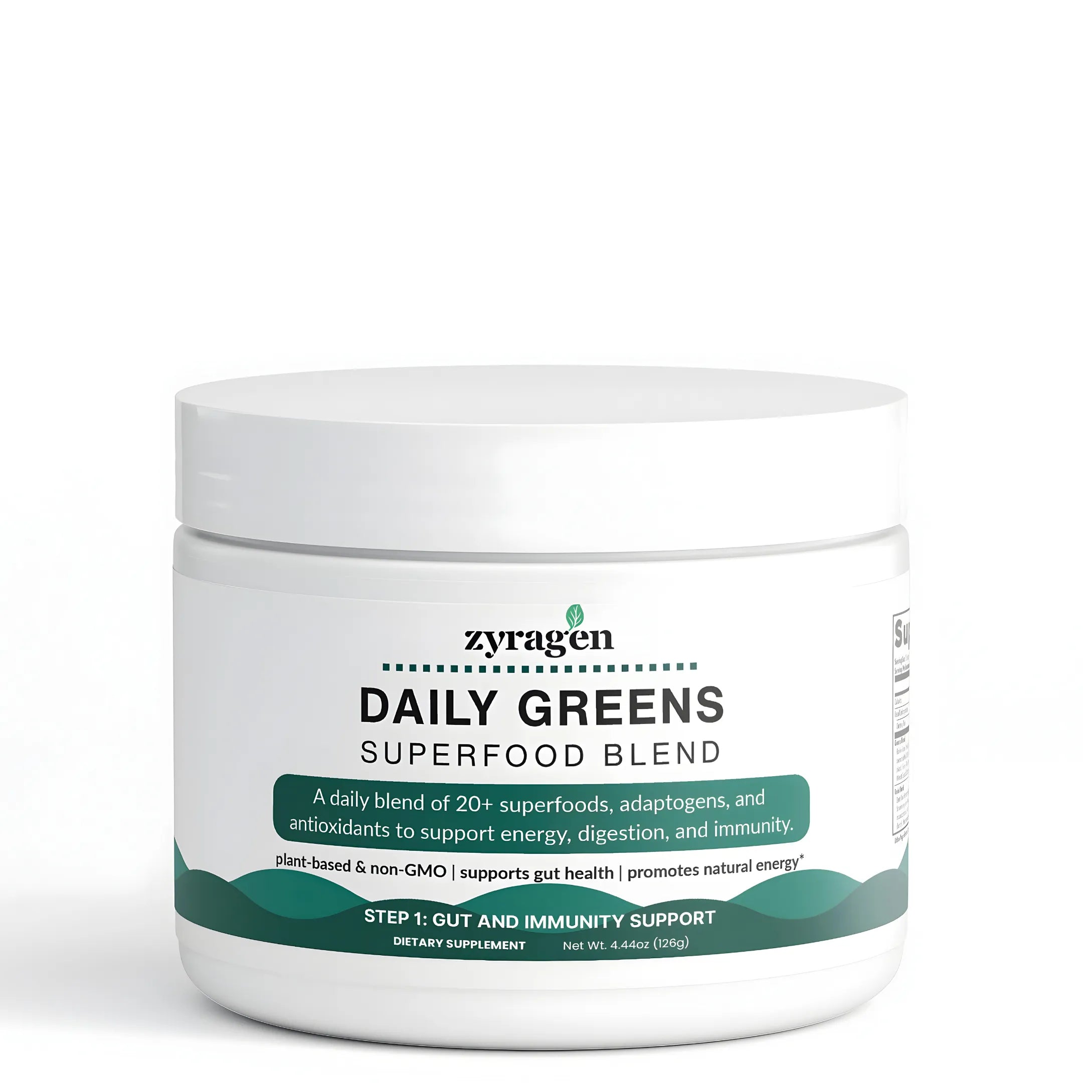 Zyragen Daily Greens Superfood Blend supplement container on a white background