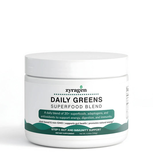 Zyragen Daily Greens Superfood Blend supplement container on a white background