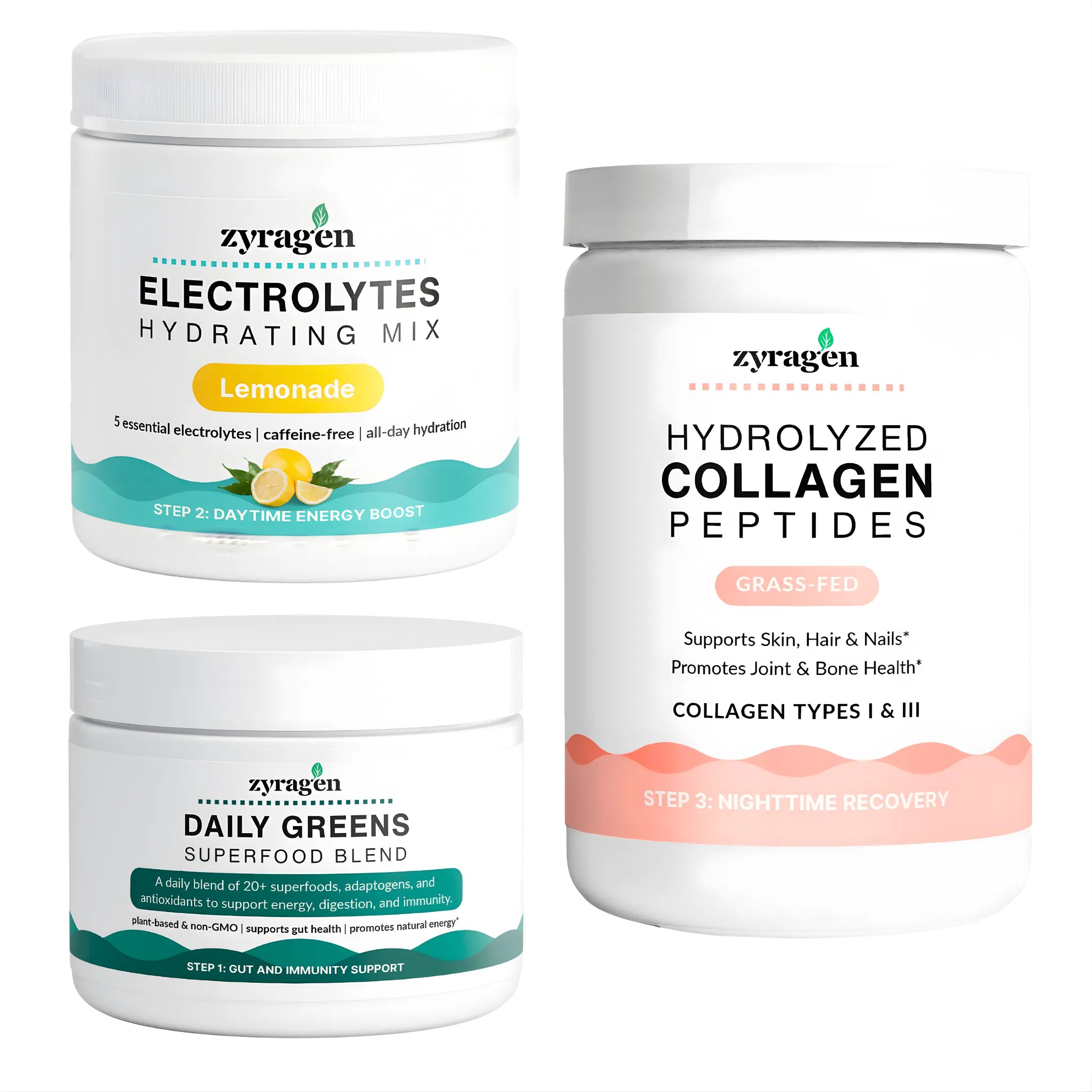 Three containers of Zyragen Daily Ritual products including Electrolytes Hydrating Mix, Hydrolyzed Collagen Peptides, and Daily Greens Superfood Blend on a white background.