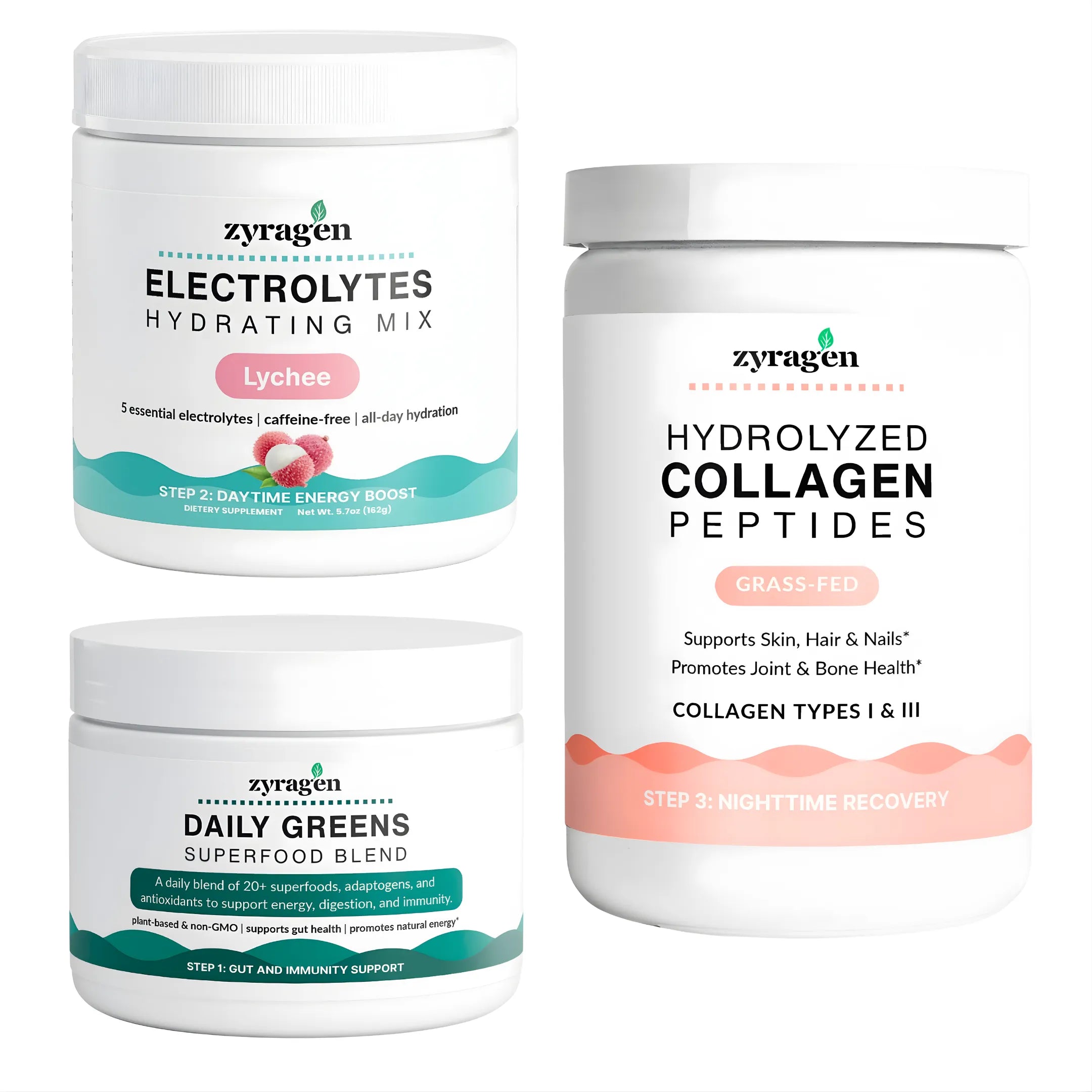 Three containers of Zyragen Daily Ritual products including Electrolytes Hydrating Mix, Hydrolyzed Collagen Peptides, and Daily Greens Superfood Blend on a white background.