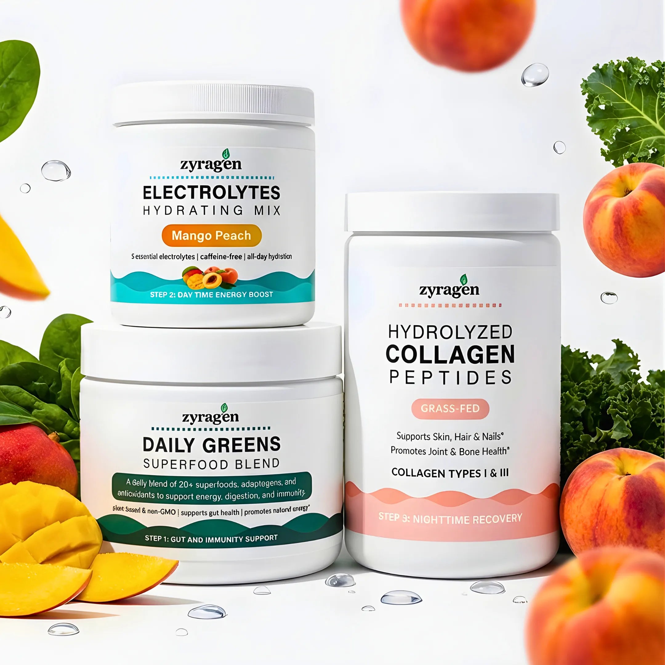 Three containers of Zyragen Daily Ritual products including Electrolytes Hydrating Mix, Hydrolyzed Collagen Peptides, and Daily Greens Superfood Blend with fruits and vegetables on a white background