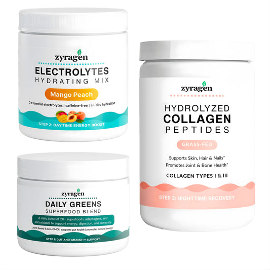 Three containers of Zyragen Daily Ritual products including Electrolytes Hydrating Mix, Hydrolyzed Collagen Peptides, and Daily Greens Superfood Blend on a white background.