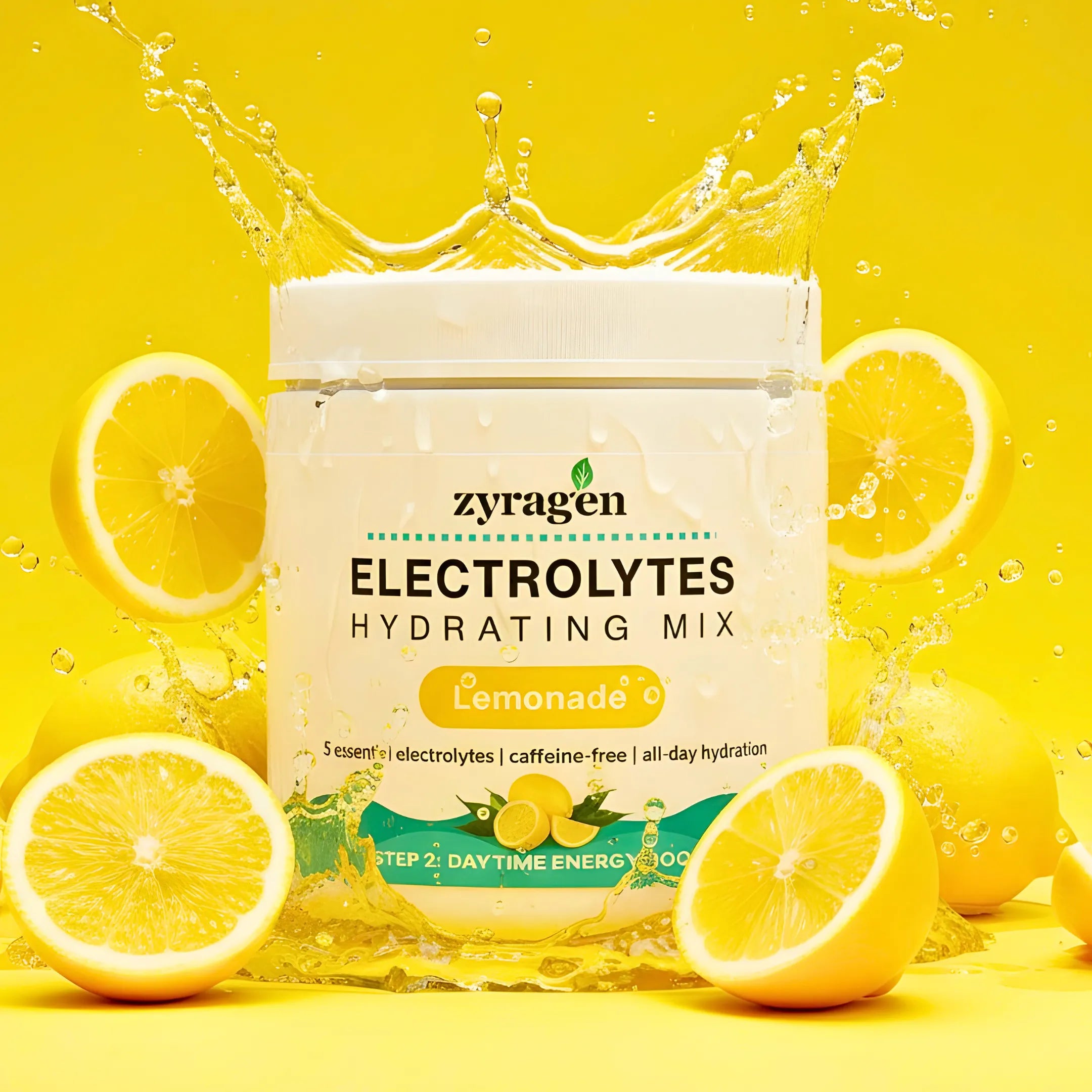 Zyragen Electrolytes Hydrating Mix Lemonade flavor container with lemon slices and water splashes on a yellow background
