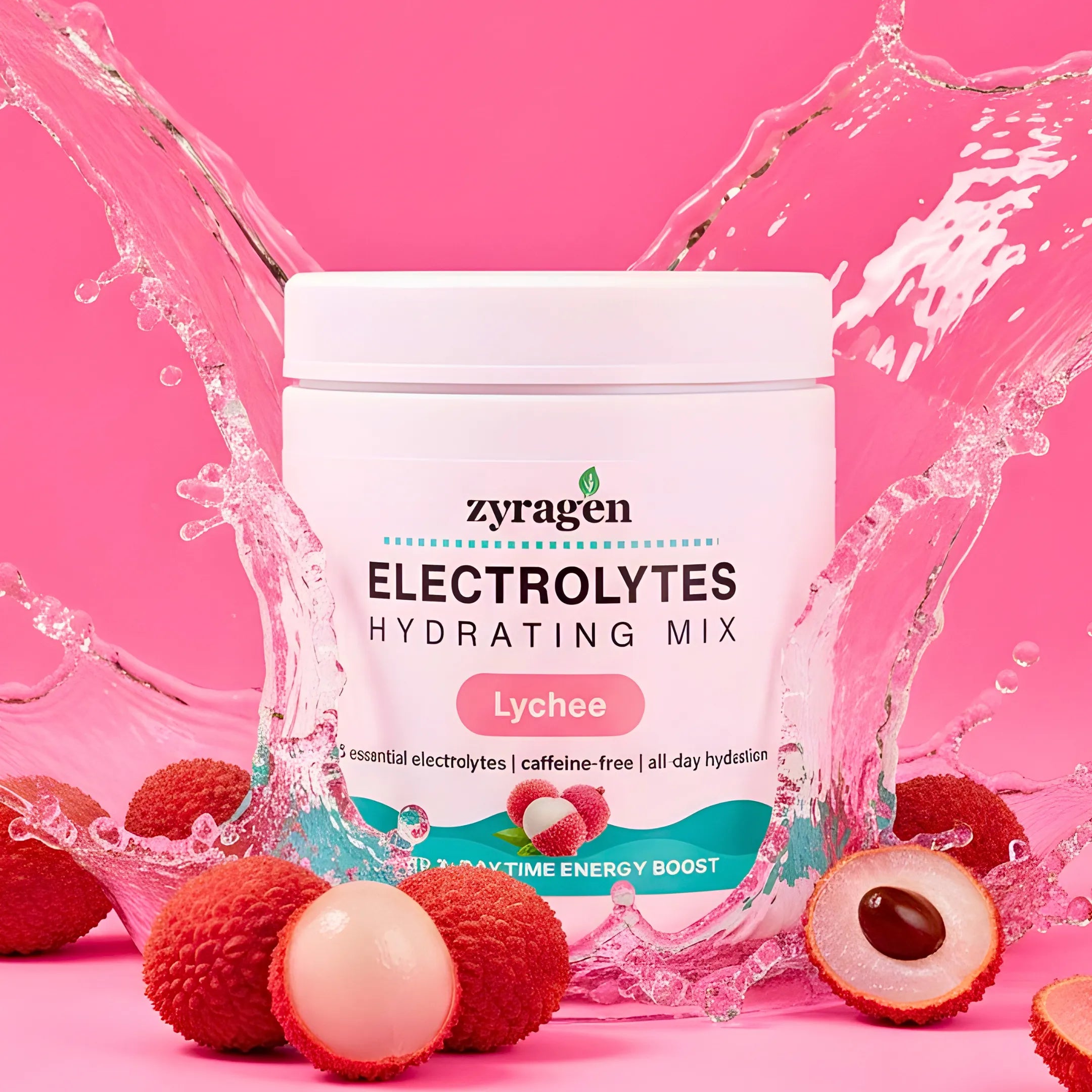 Zyragen Electrolytes Hydrating Mix supplement container in Lychee flavor with lychees on a pink background