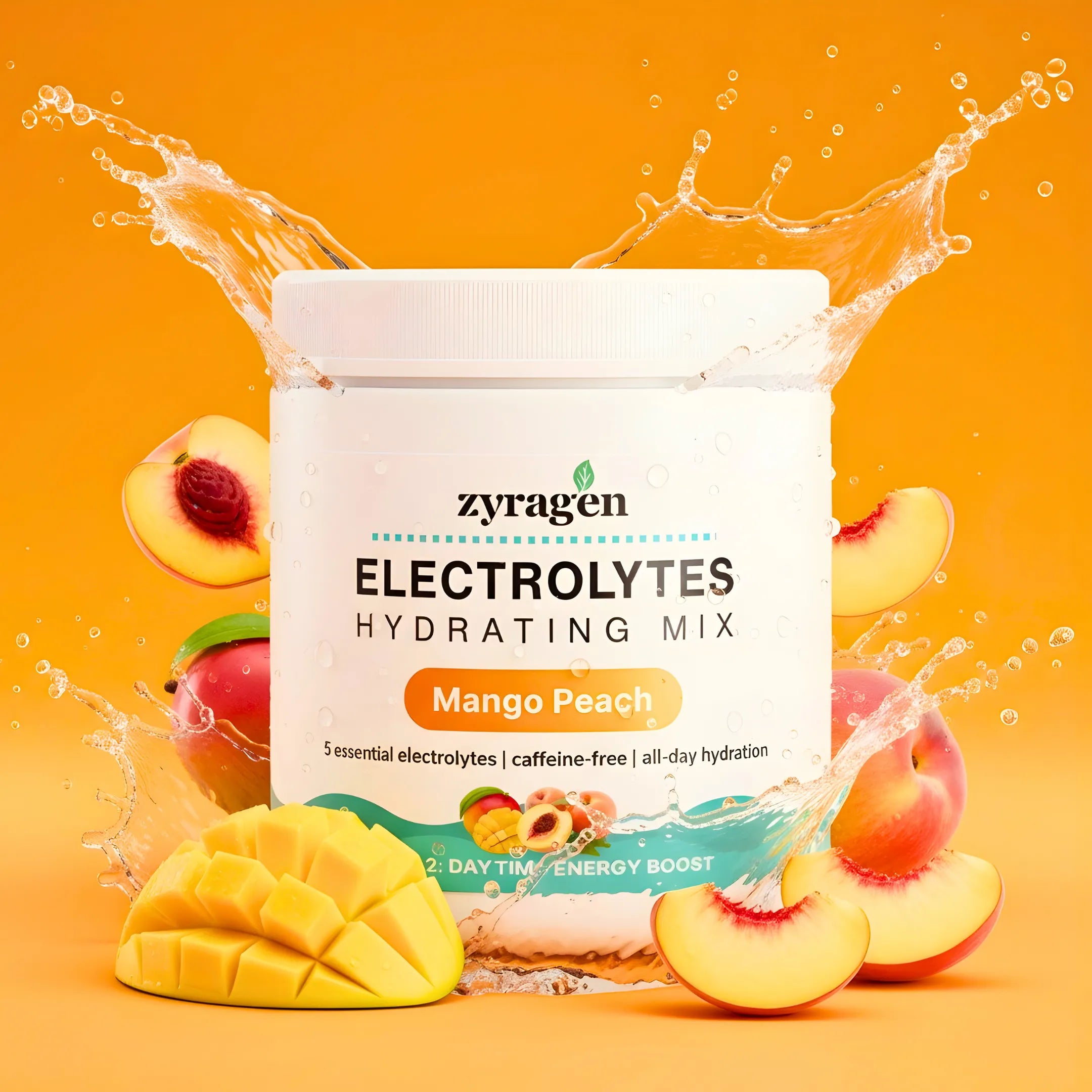 Zyragen Electrolytes Hydrating Mix supplement container in Mango Peach flavor with mango and peach slices on an orange background