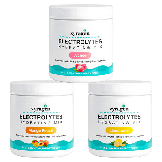 Three containers of Zyragen Electrolytes Hydrating Mix in different flavors on a white background