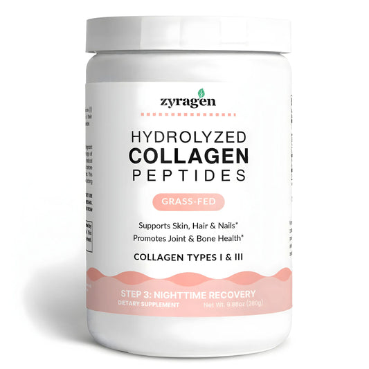 Zyragen Hydrolyzed Collagen Peptides supplement container on a white background