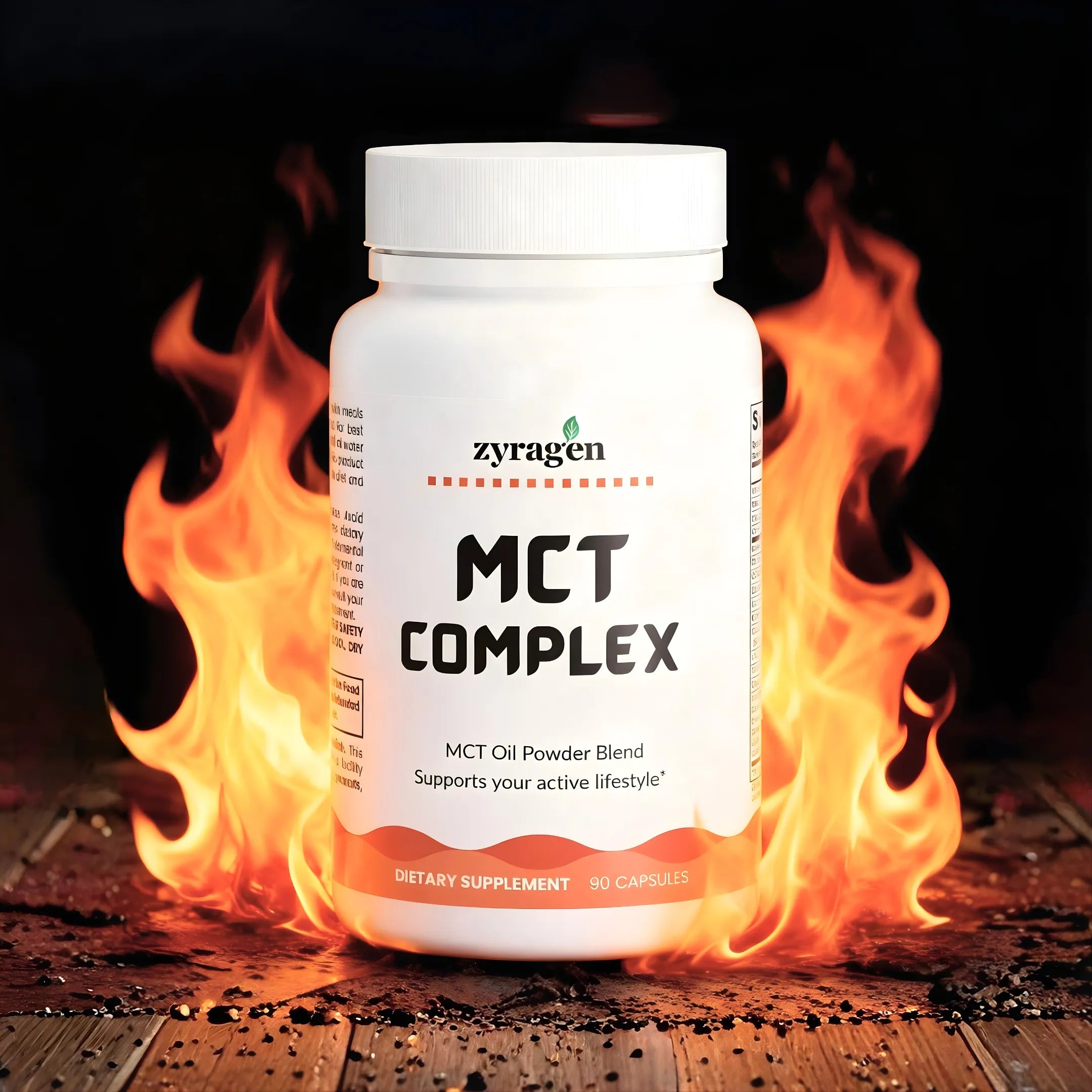 Zyragen MCT Complex supplement bottle on a fiery dark background