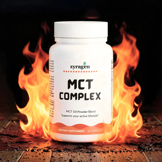 Zyragen MCT Complex supplement bottle on a fiery dark background
