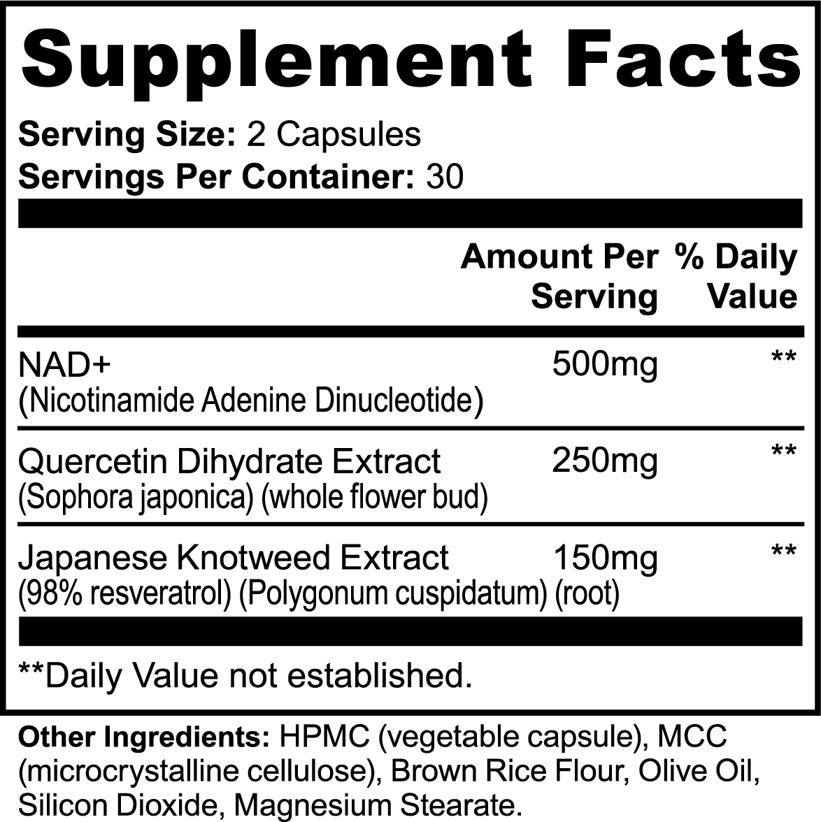 Supplement facts label with NAD+, Quercetin Dihydrate Extract, and Japanese Knotweed Extract on a white background.