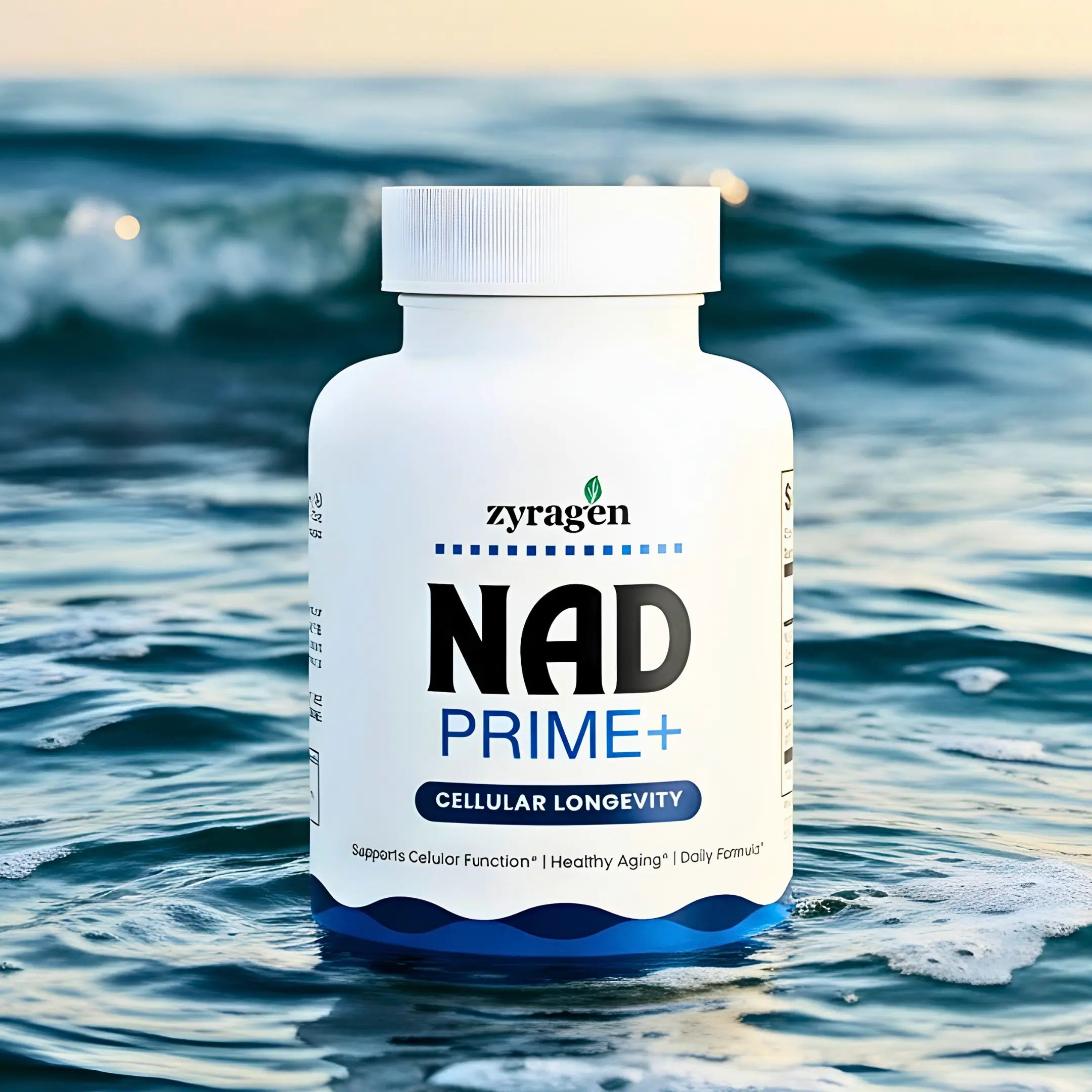 Zyragen NAD Prime Supplement bottle on an ocean waves background