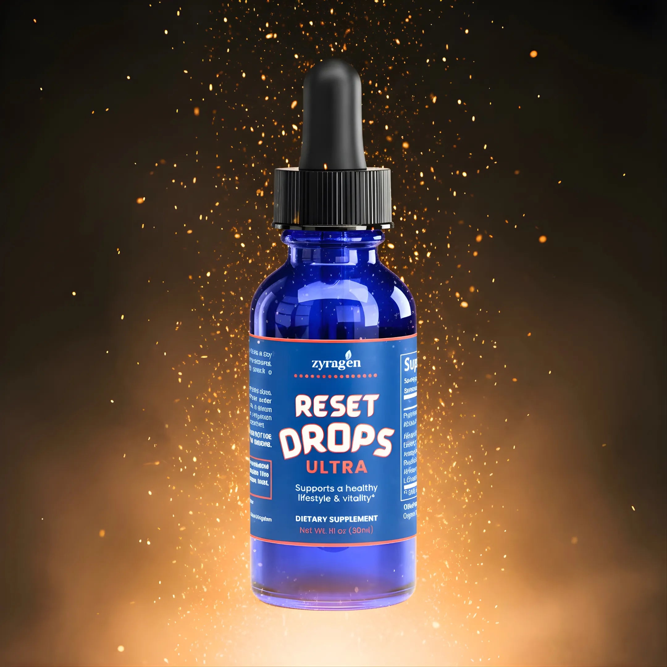 Bottle of Zyragen Reset Drops Ultra on a dark background with glowing elements