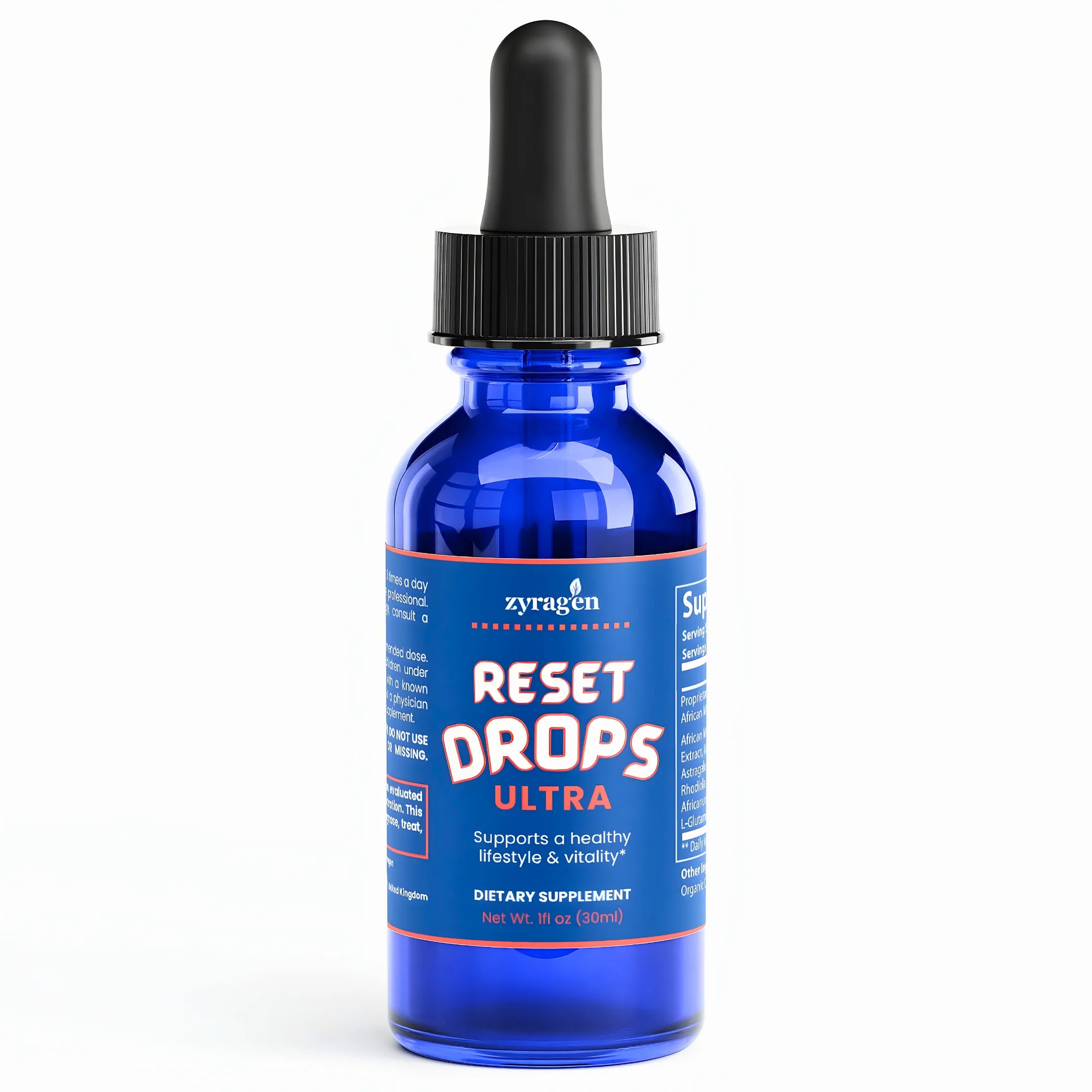 Blue bottle of Zyragen Reset Drops Ultra on a white background