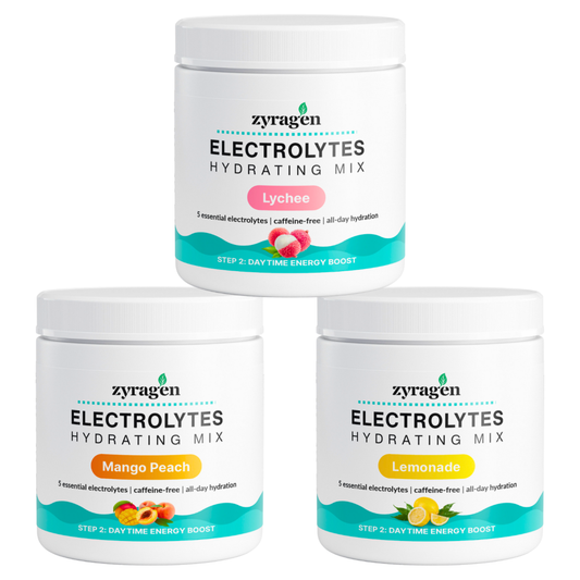 Zyragen Electrolytes Hydration Powder in Lemonade, Mango Peach and Lychee flavors