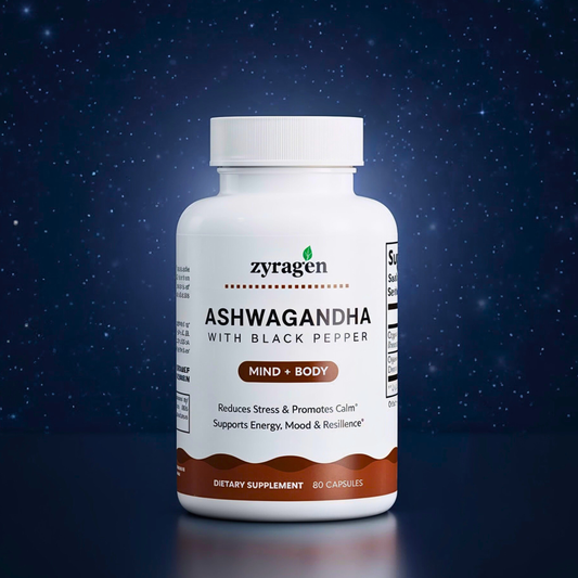 Supplement bottle labeled 'Ashwagandha with Black Pepper' by Zyragen on a dark blue background.