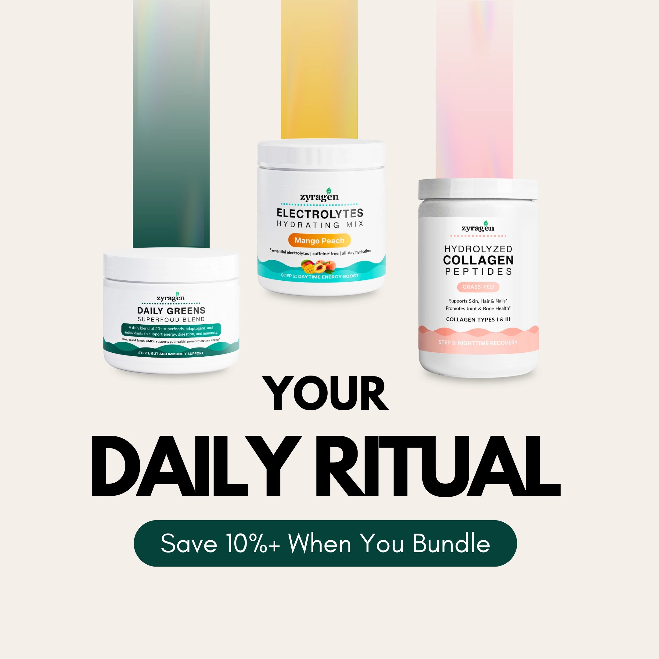 Zyragen Daily Ritual products, Daily Greens Superfood Blend, Electrolytes Hydration Mix, Hydrolyzed Collagen Peptides with promotional text on a white background