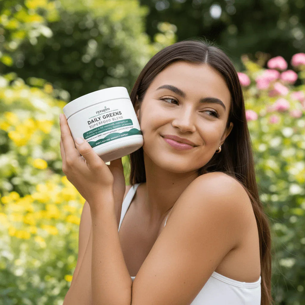 Woman holding a Zyragen Daily Greens container in a garden setting