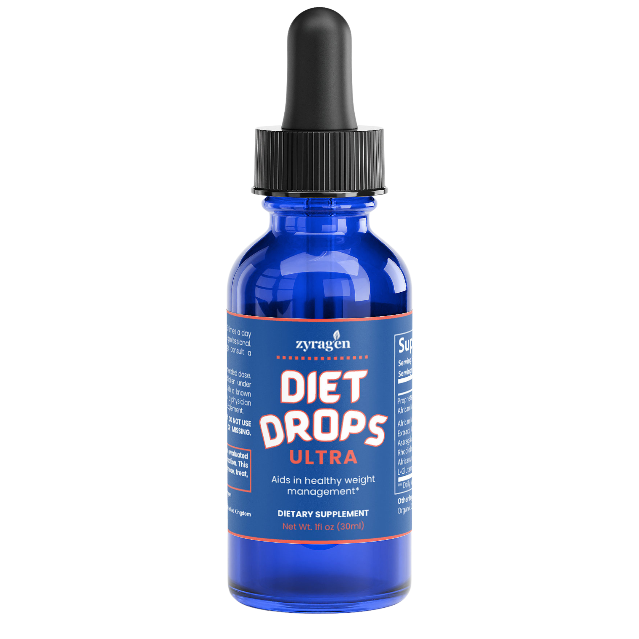 Blue bottle of Zyragen Diet Drops Ultra on a white background