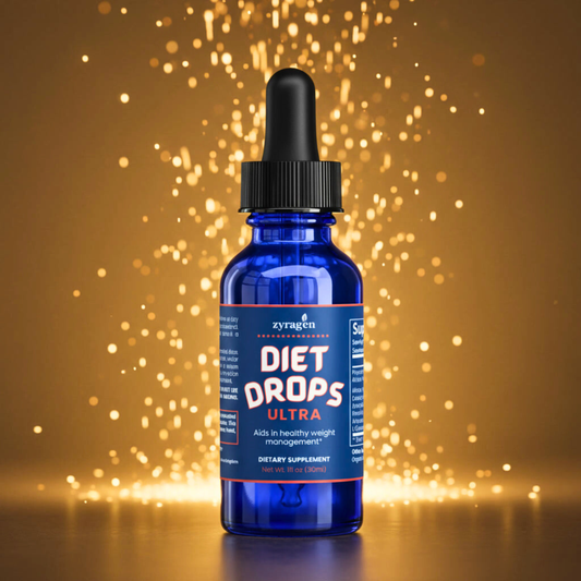 Blue bottle of 'Diet Drops Ultra' with a dropper on a gold glittery background