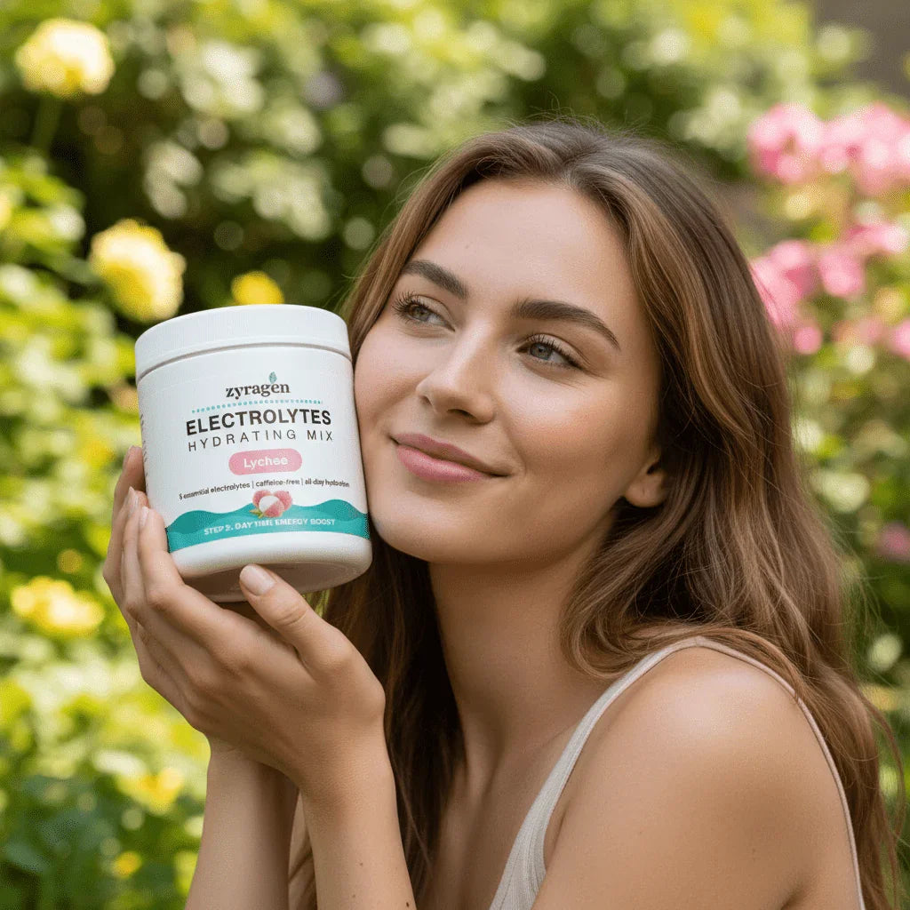 Woman holding Electrolytes Hydration Powder in Lychee flavor by Zyragen outdoors