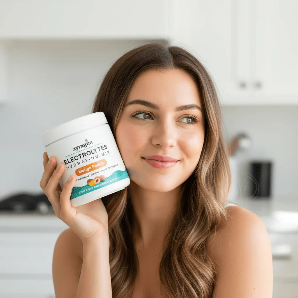 Woman holding Electrolytes Hydration Powder in Mango Peach flavor by Zyragen